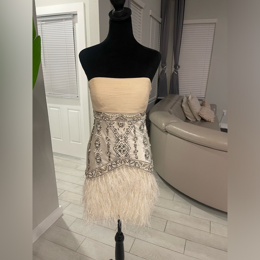 Y2K Suewong beaded silk blend ostrich feather strapless dress Sz 6